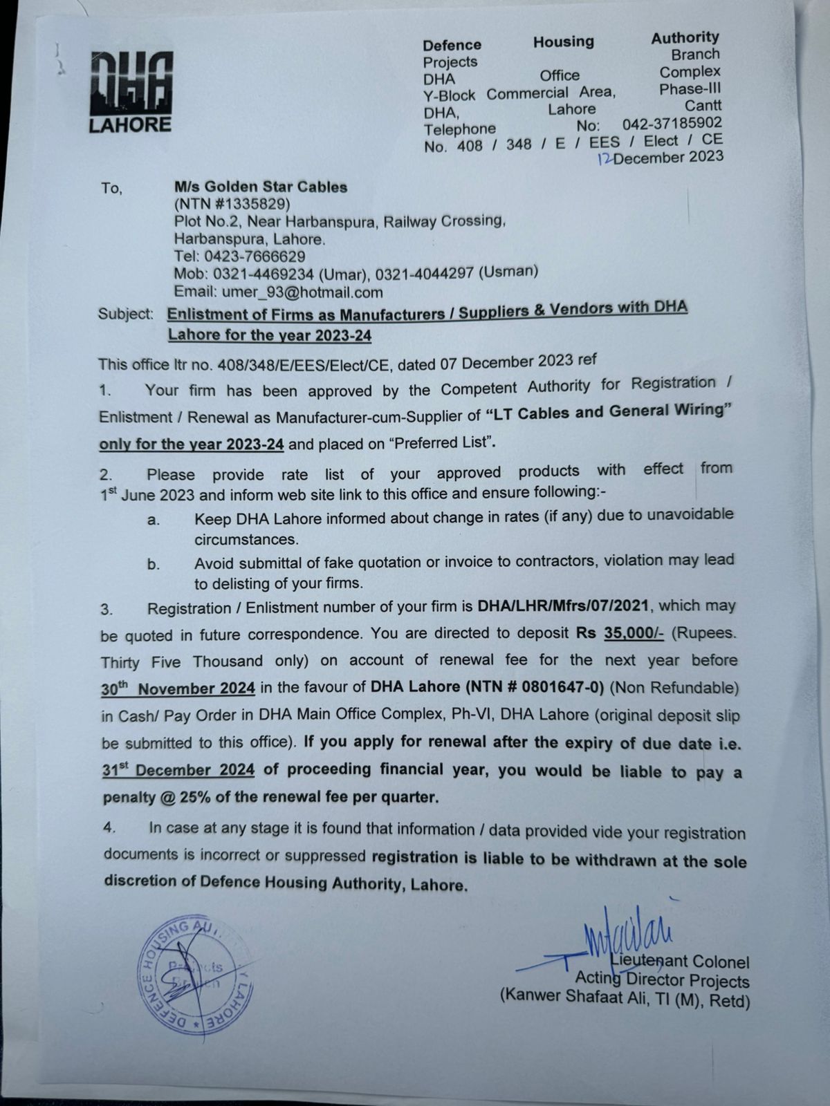 DHA Lahore enlistment and registration renewal letter